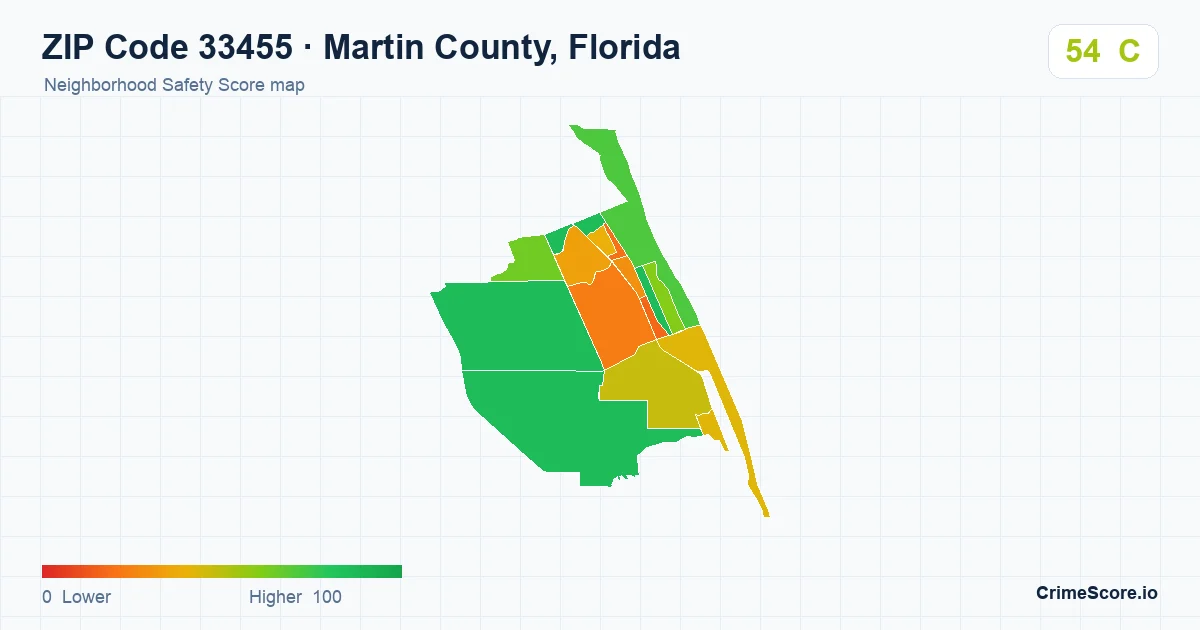 ZIP Code 33455 in Martin County, Florida neighborhood Safety Score map