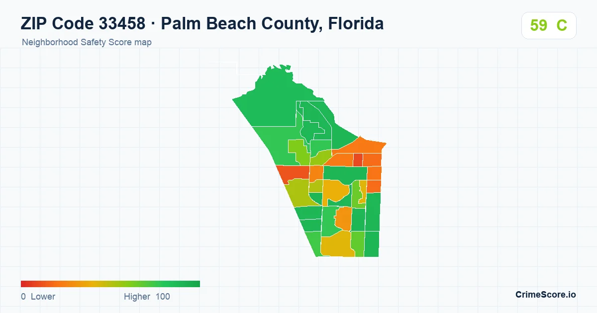 ZIP Code 33458 in Palm Beach County, Florida neighborhood Safety Score map