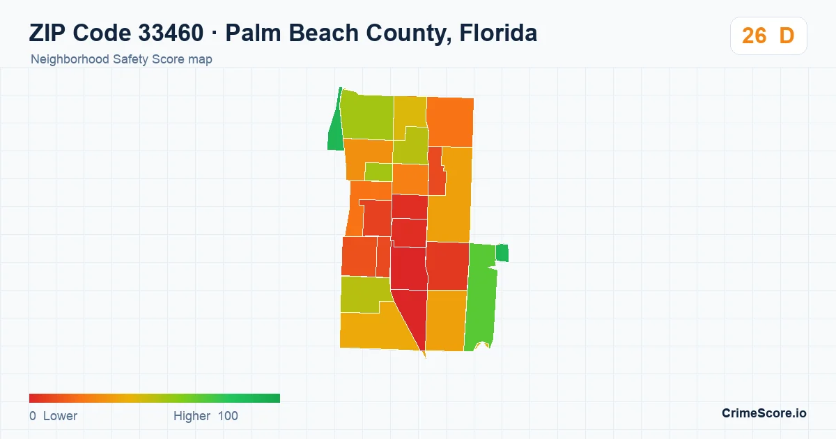 ZIP Code 33460 in Palm Beach County, Florida neighborhood Safety Score map