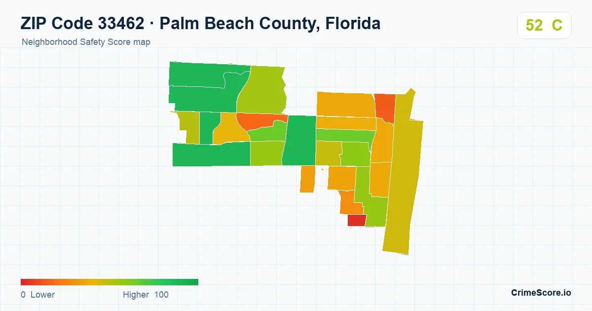 ZIP Code 33462 in Palm Beach County, Florida neighborhood Safety Score map