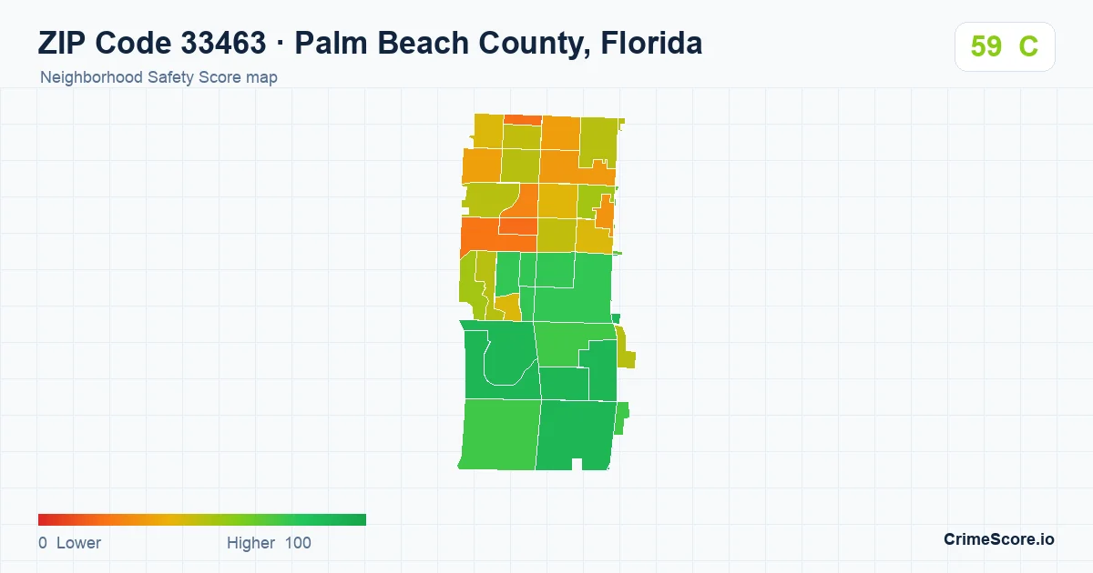 ZIP Code 33463 in Palm Beach County, Florida neighborhood Safety Score map