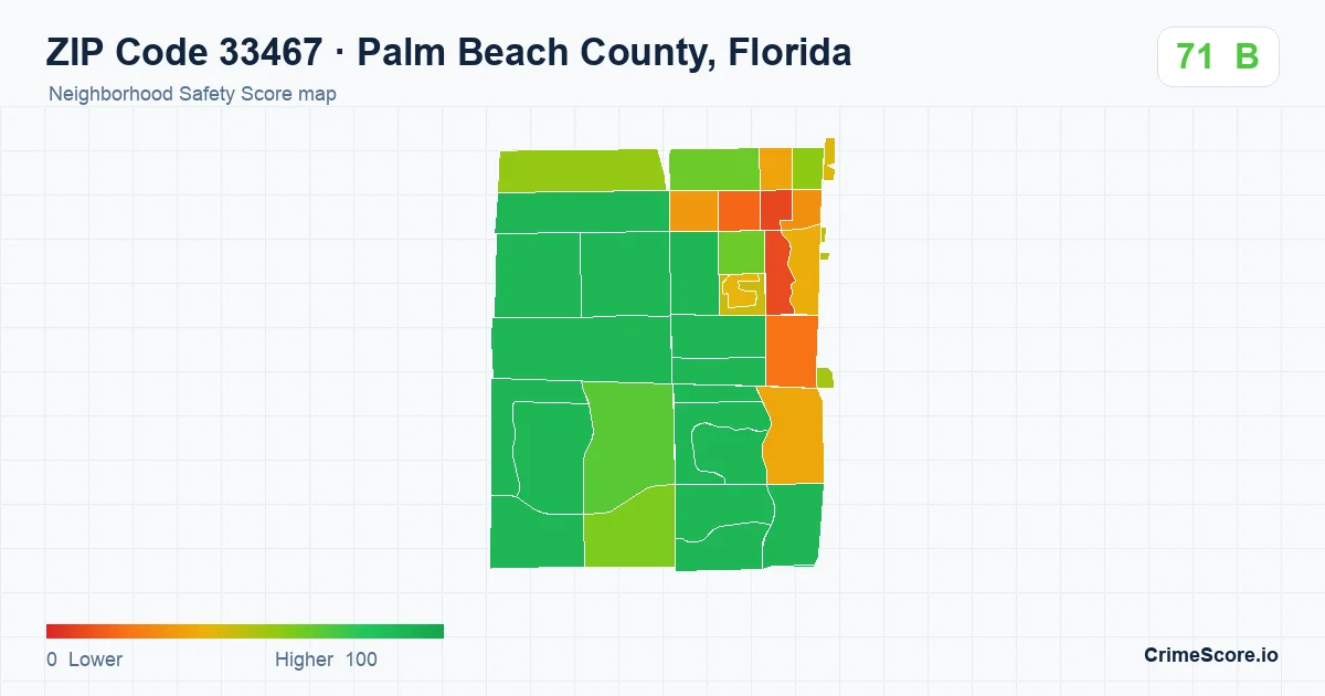ZIP Code 33467 in Palm Beach County, Florida neighborhood Safety Score map