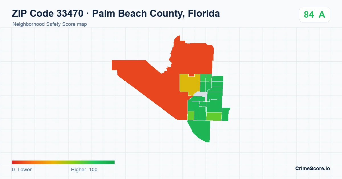 ZIP Code 33470 in Palm Beach County, Florida neighborhood Safety Score map