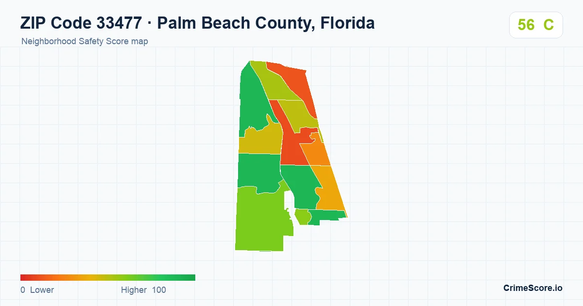 ZIP Code 33477 in Palm Beach County, Florida neighborhood Safety Score map