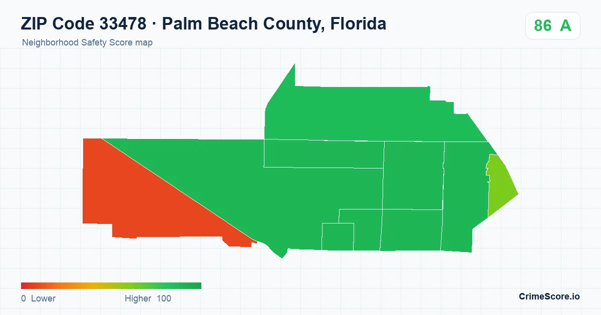ZIP Code 33478 in Palm Beach County, Florida neighborhood Safety Score map