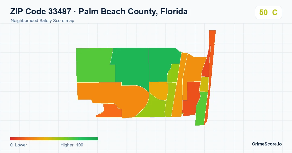 ZIP Code 33487 in Palm Beach County, Florida neighborhood Safety Score map
