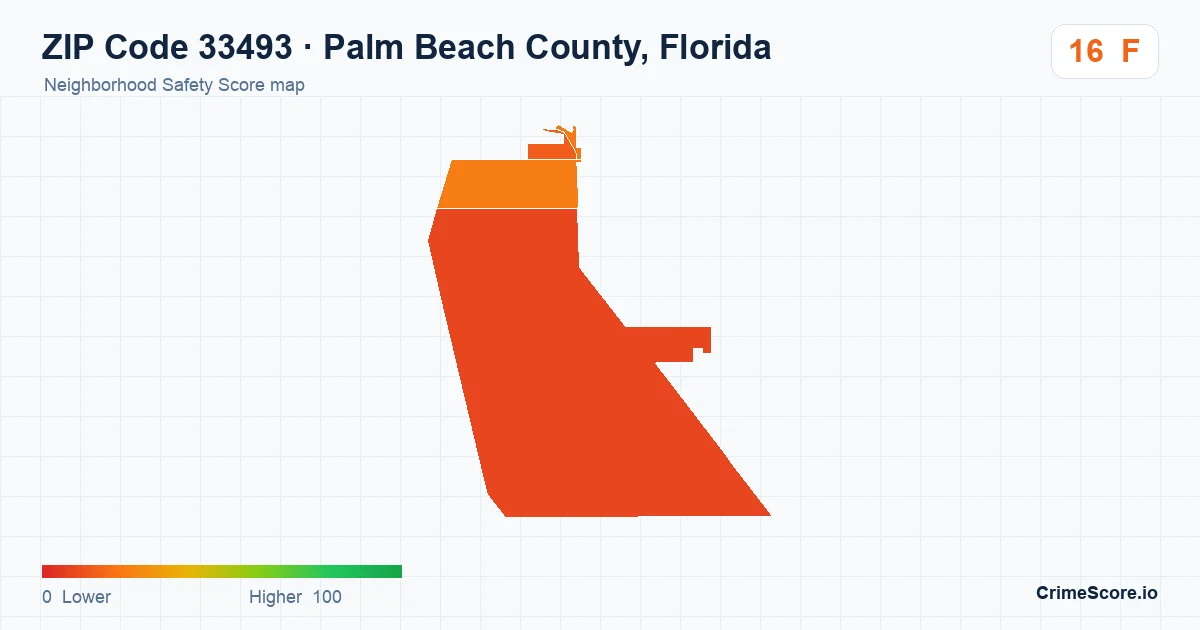 ZIP Code 33493 in Palm Beach County, Florida neighborhood Safety Score map