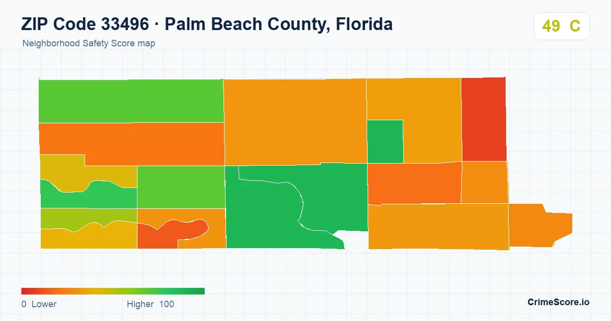 ZIP Code 33496 in Palm Beach County, Florida neighborhood Safety Score map