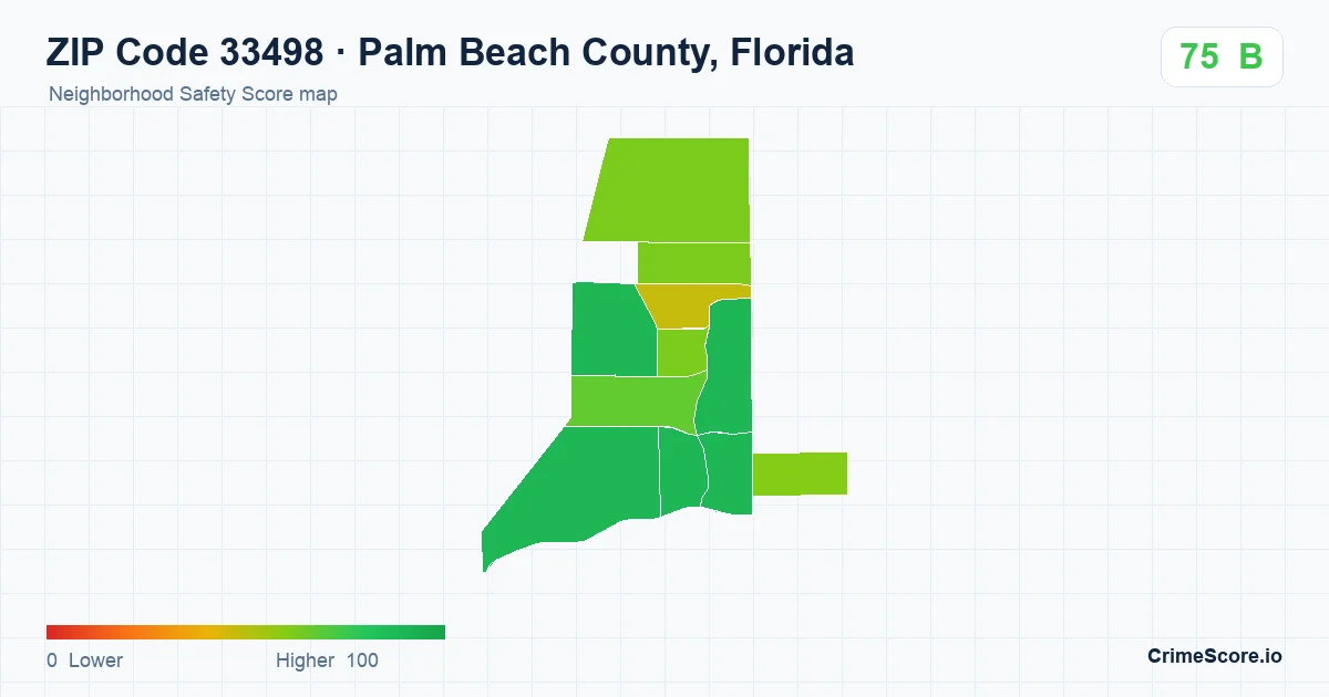 ZIP Code 33498 in Palm Beach County, Florida neighborhood Safety Score map