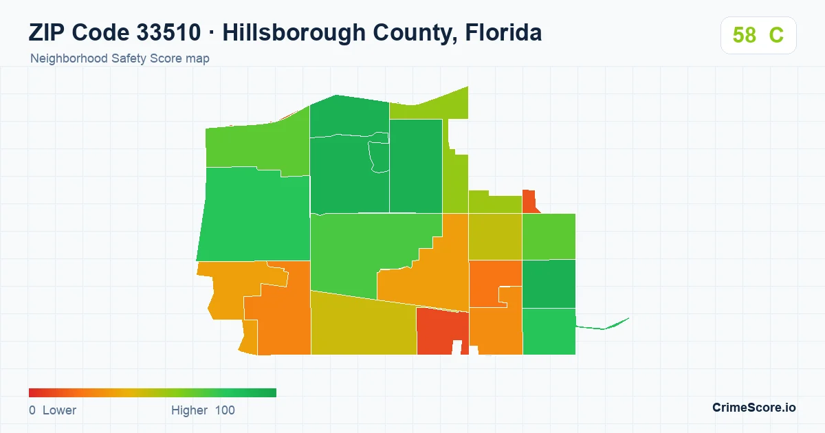 ZIP Code 33510 in Hillsborough County, Florida neighborhood Safety Score map