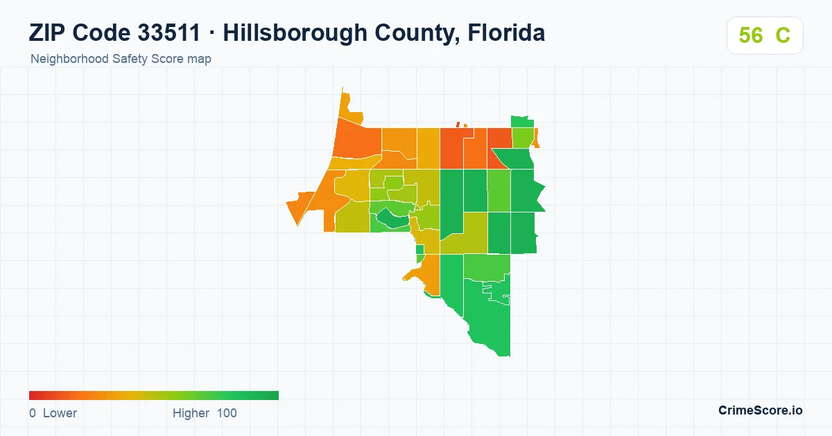 ZIP Code 33511 in Hillsborough County, Florida neighborhood Safety Score map