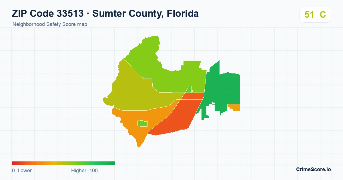 ZIP Code 33513 in Sumter County, Florida neighborhood Safety Score map