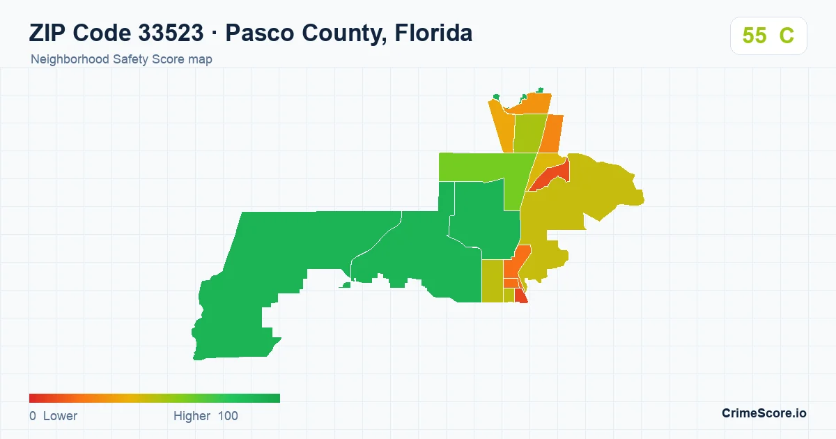 ZIP Code 33523 in Pasco County, Florida neighborhood Safety Score map