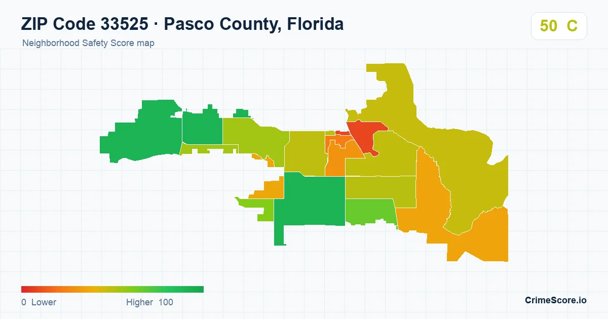 ZIP Code 33525 in Pasco County, Florida neighborhood Safety Score map