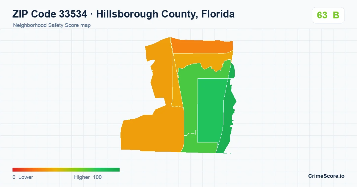 ZIP Code 33534 in Hillsborough County, Florida neighborhood Safety Score map