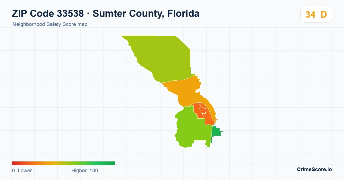 ZIP Code 33538 in Sumter County, Florida neighborhood Safety Score map