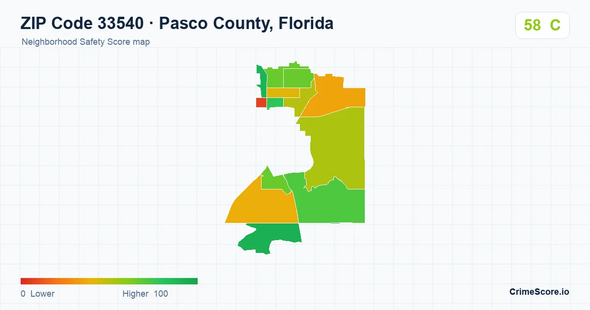 ZIP Code 33540 in Pasco County, Florida neighborhood Safety Score map