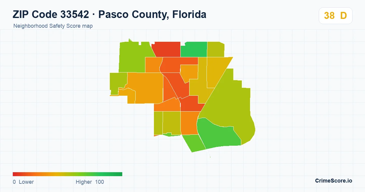 ZIP Code 33542 in Pasco County, Florida neighborhood Safety Score map