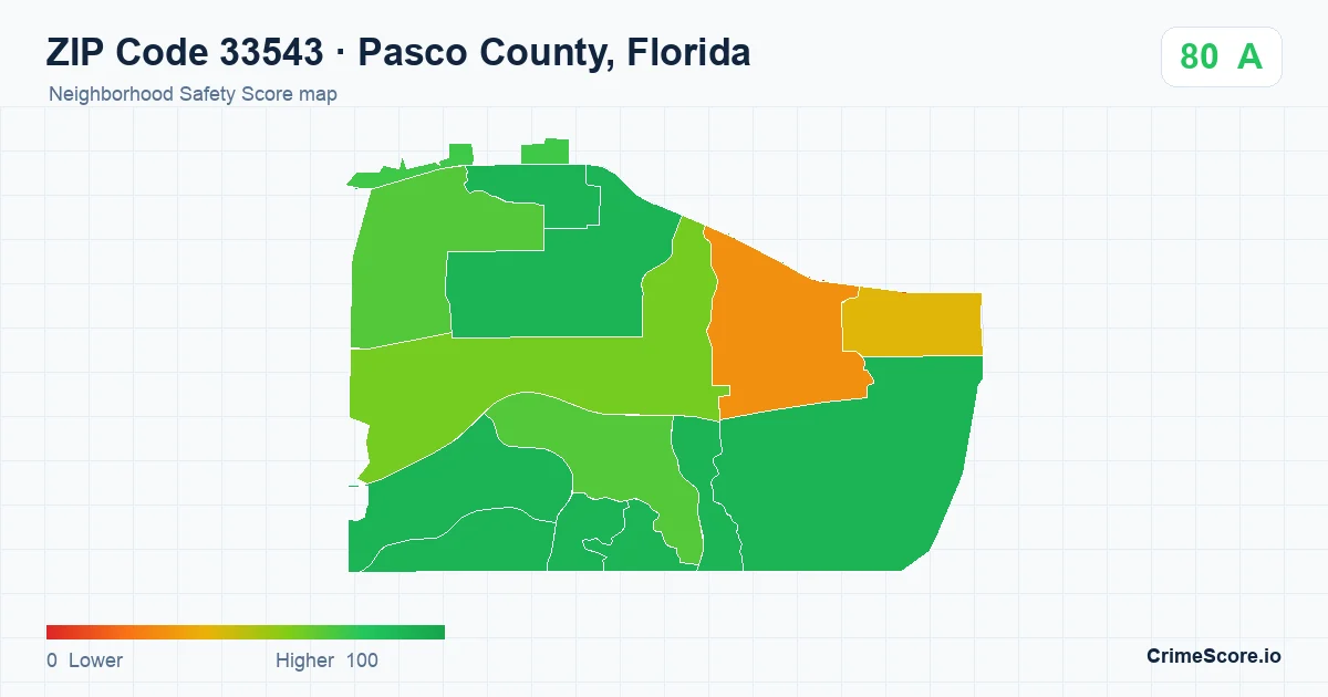 ZIP Code 33543 in Pasco County, Florida neighborhood Safety Score map