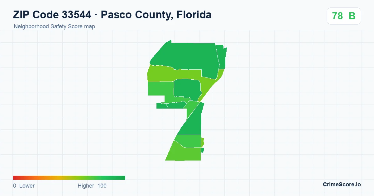 ZIP Code 33544 in Pasco County, Florida neighborhood Safety Score map