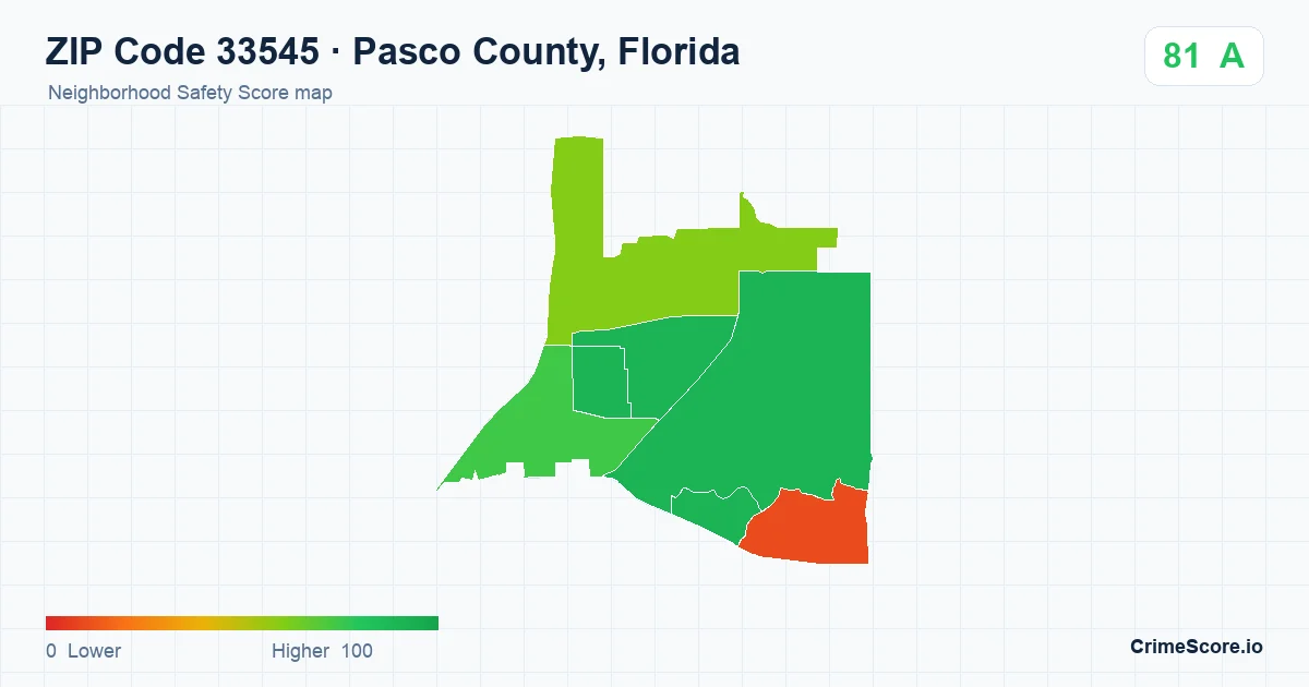 ZIP Code 33545 in Pasco County, Florida neighborhood Safety Score map