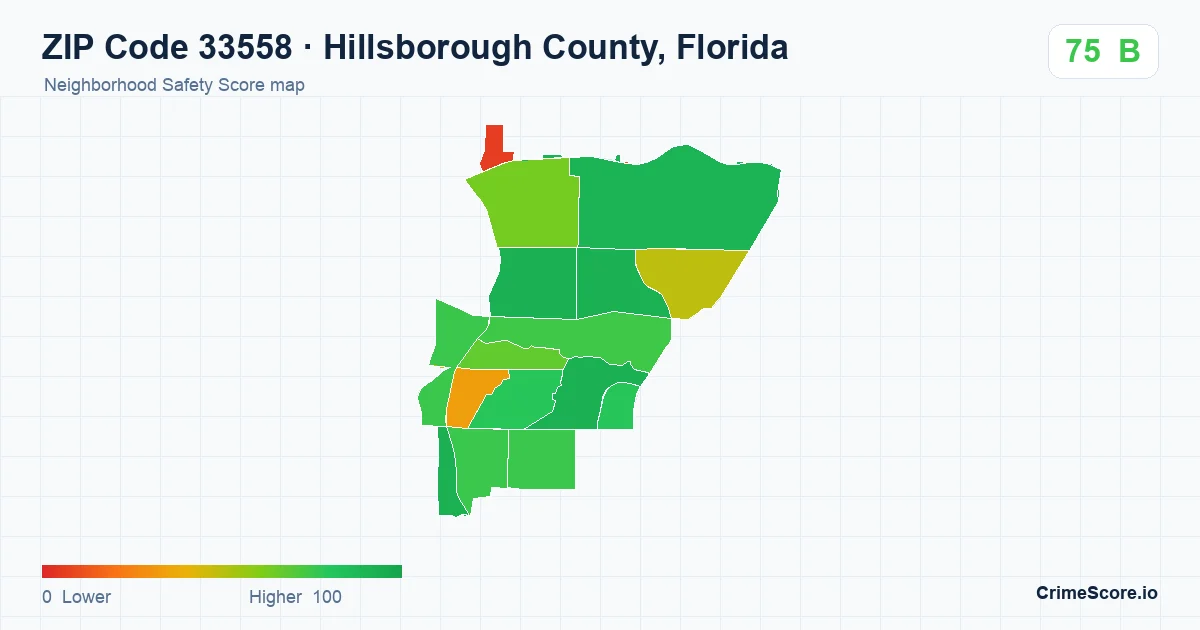 ZIP Code 33558 in Hillsborough County, Florida neighborhood Safety Score map