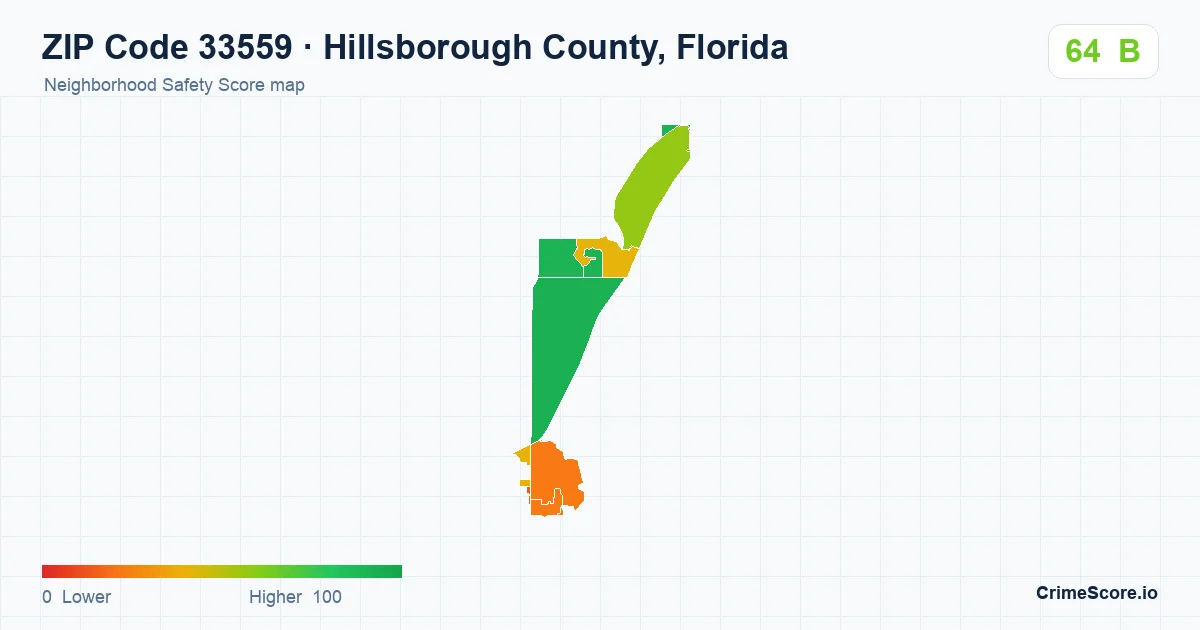 ZIP Code 33559 in Hillsborough County, Florida neighborhood Safety Score map