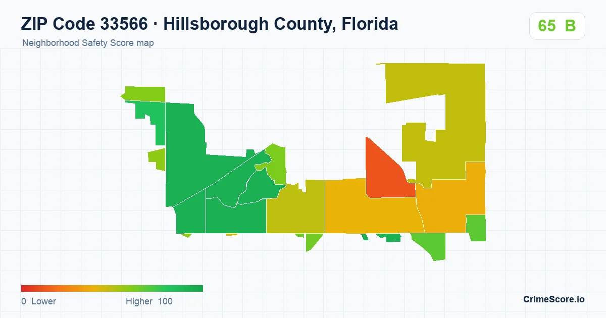 ZIP Code 33566 in Hillsborough County, Florida neighborhood Safety Score map