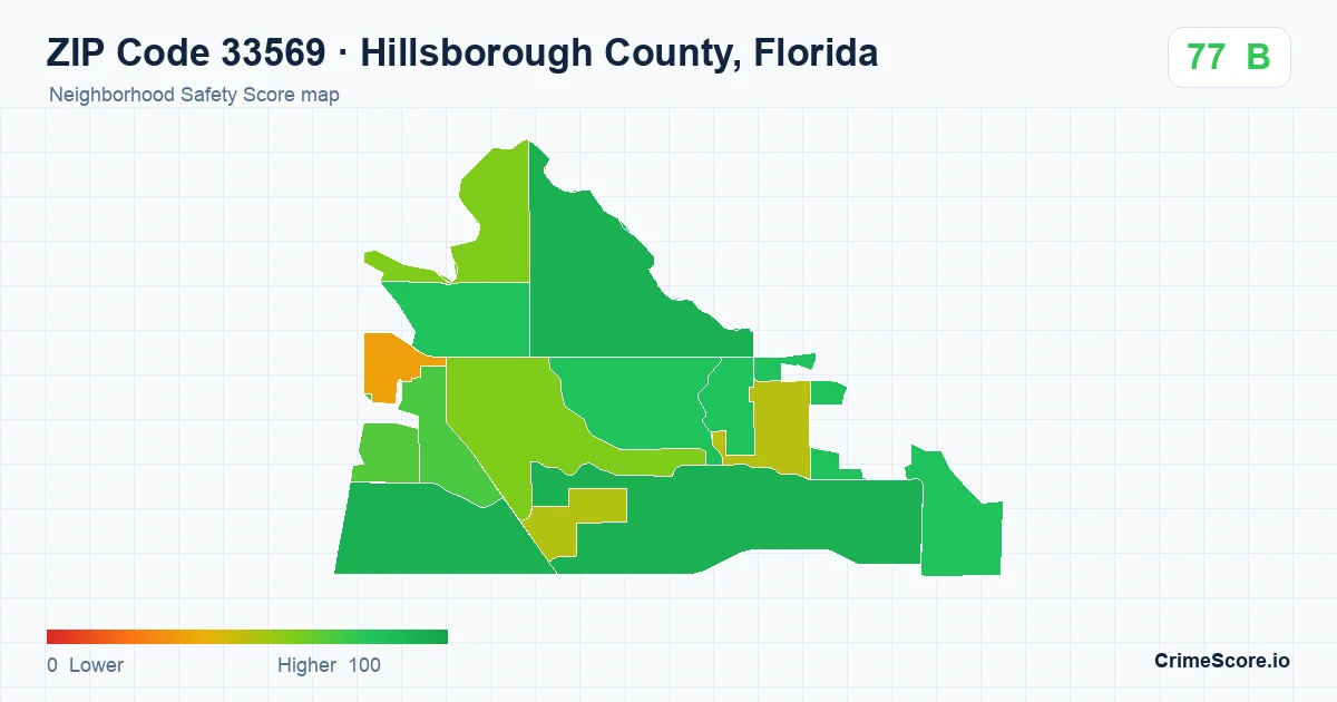 ZIP Code 33569 in Hillsborough County, Florida neighborhood Safety Score map