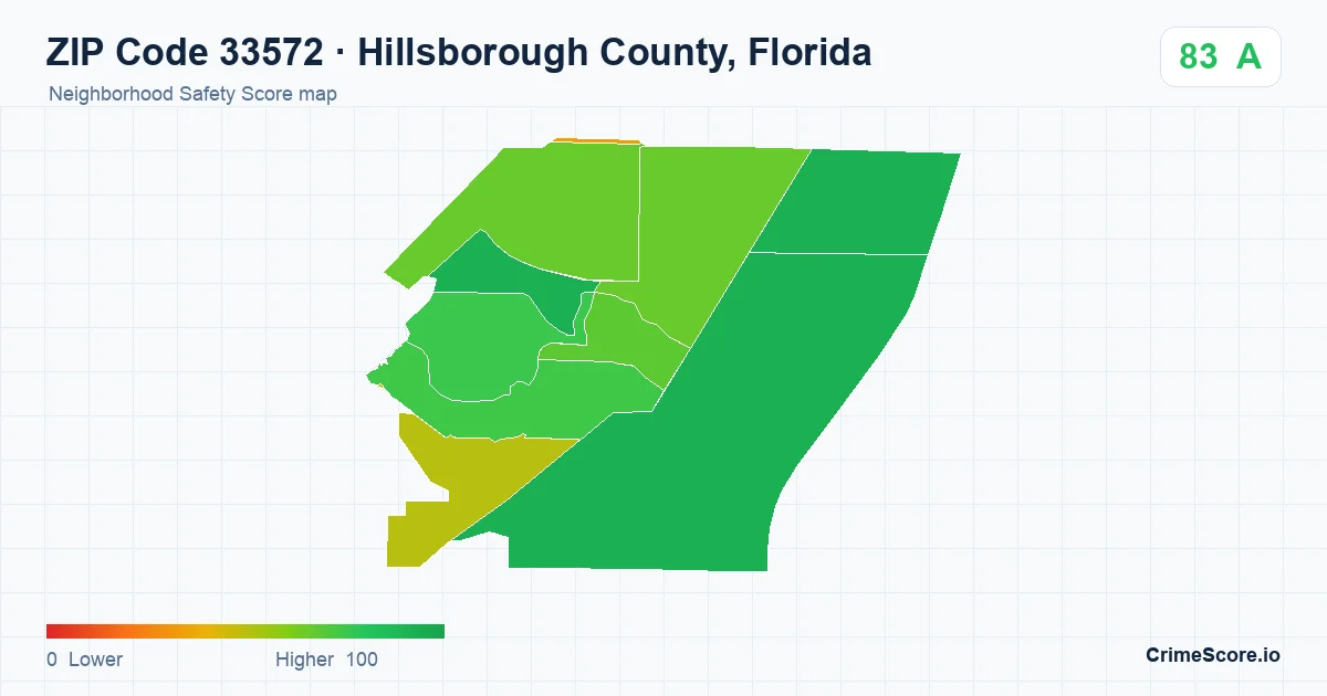 ZIP Code 33572 in Hillsborough County, Florida neighborhood Safety Score map