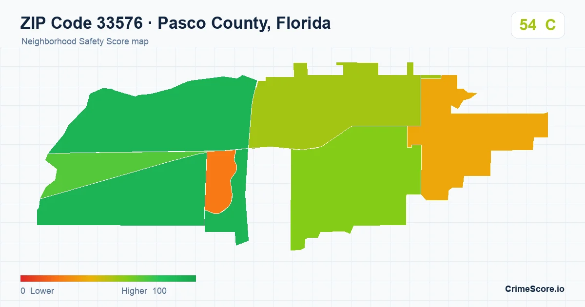 ZIP Code 33576 in Pasco County, Florida neighborhood Safety Score map