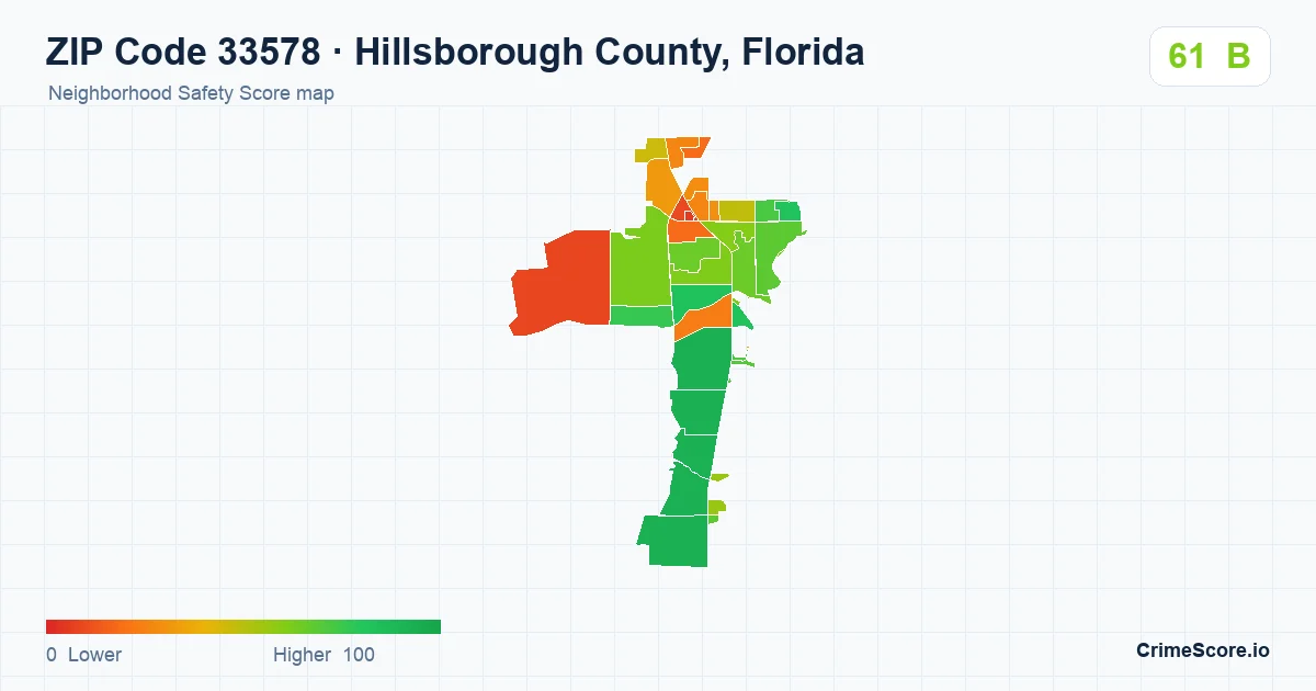 ZIP Code 33578 in Hillsborough County, Florida neighborhood Safety Score map