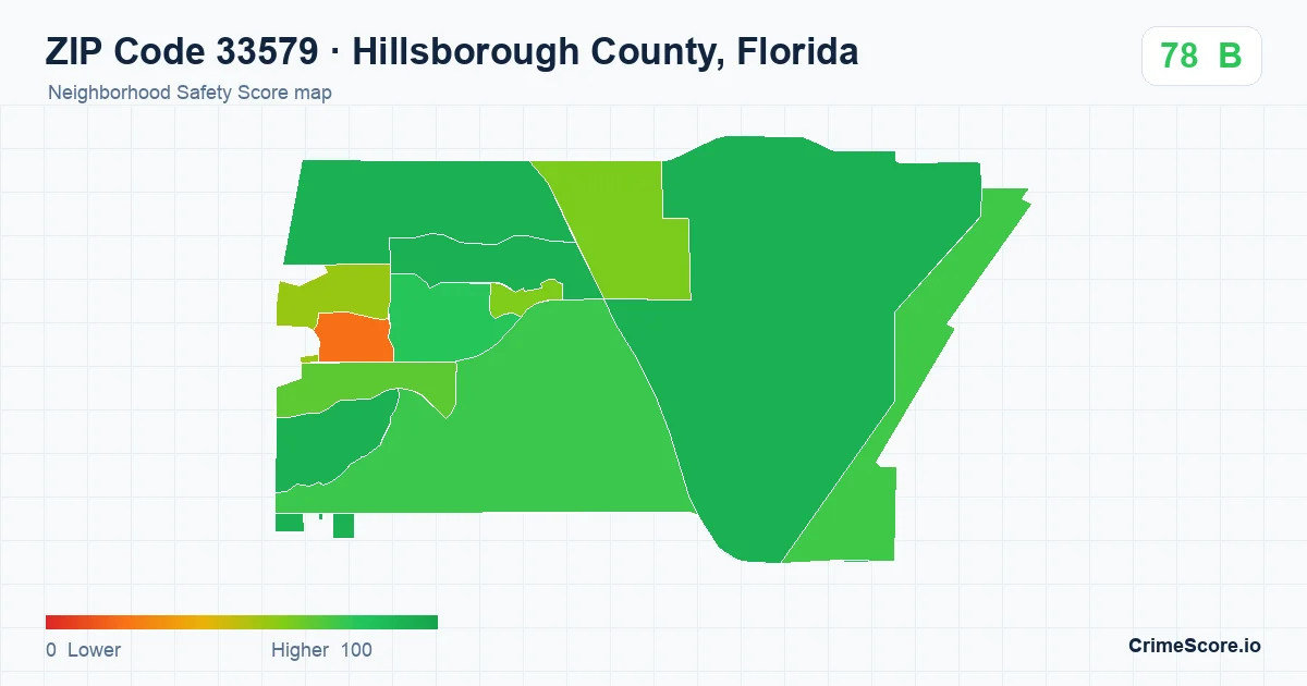 ZIP Code 33579 in Hillsborough County, Florida neighborhood Safety Score map