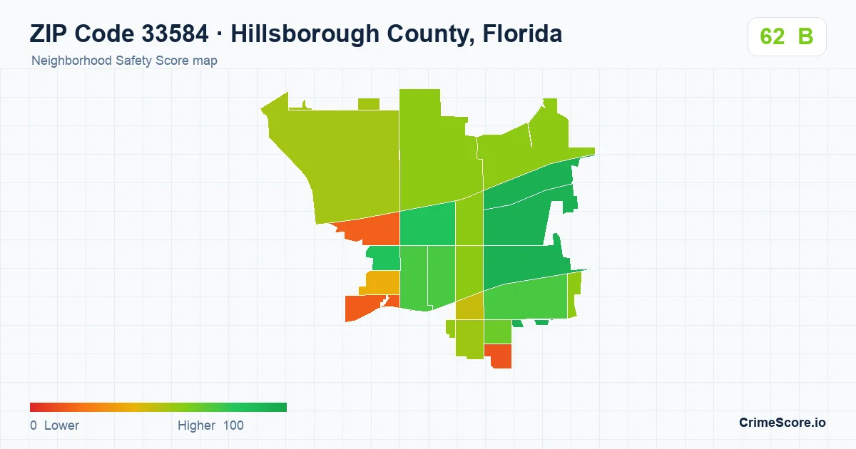 ZIP Code 33584 in Hillsborough County, Florida neighborhood Safety Score map