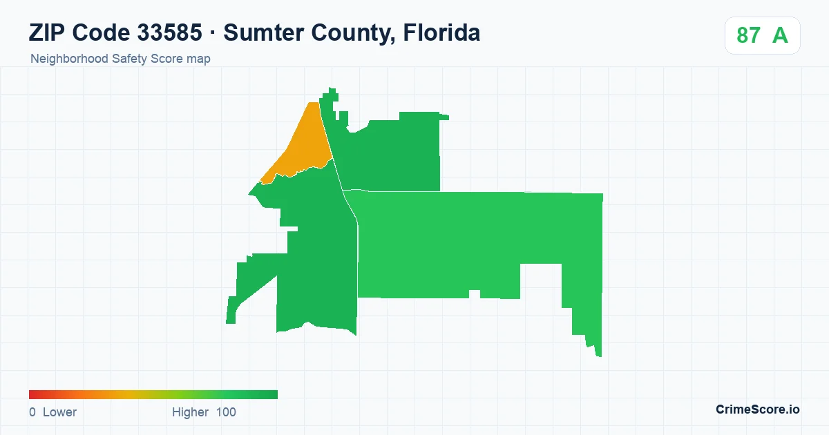 ZIP Code 33585 in Sumter County, Florida neighborhood Safety Score map