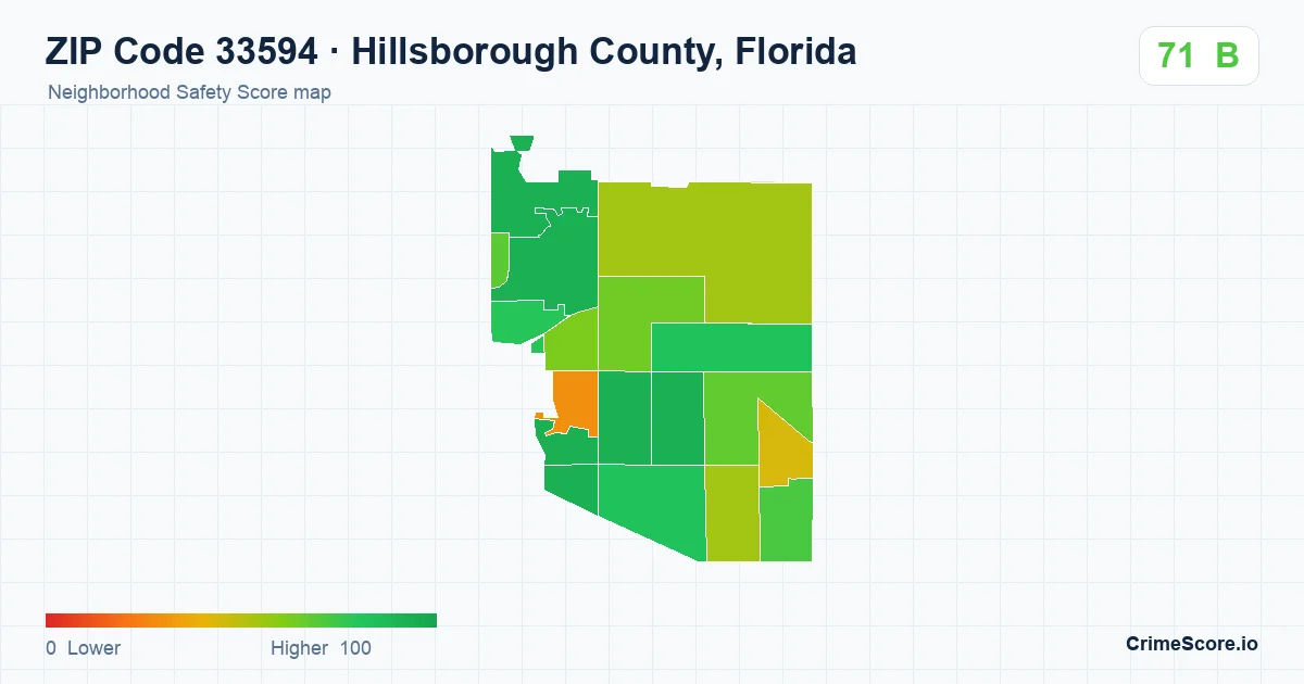 ZIP Code 33594 in Hillsborough County, Florida neighborhood Safety Score map