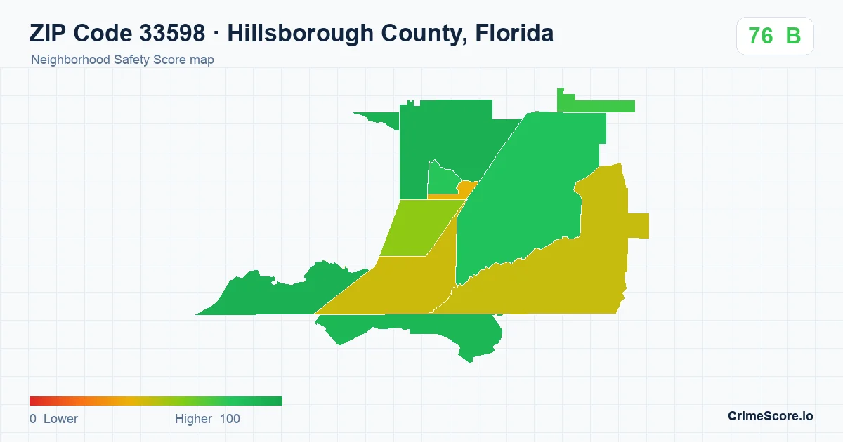ZIP Code 33598 in Hillsborough County, Florida neighborhood Safety Score map
