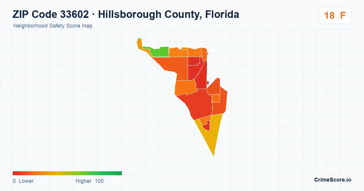 ZIP Code 33602 in Hillsborough County, Florida neighborhood Safety Score map