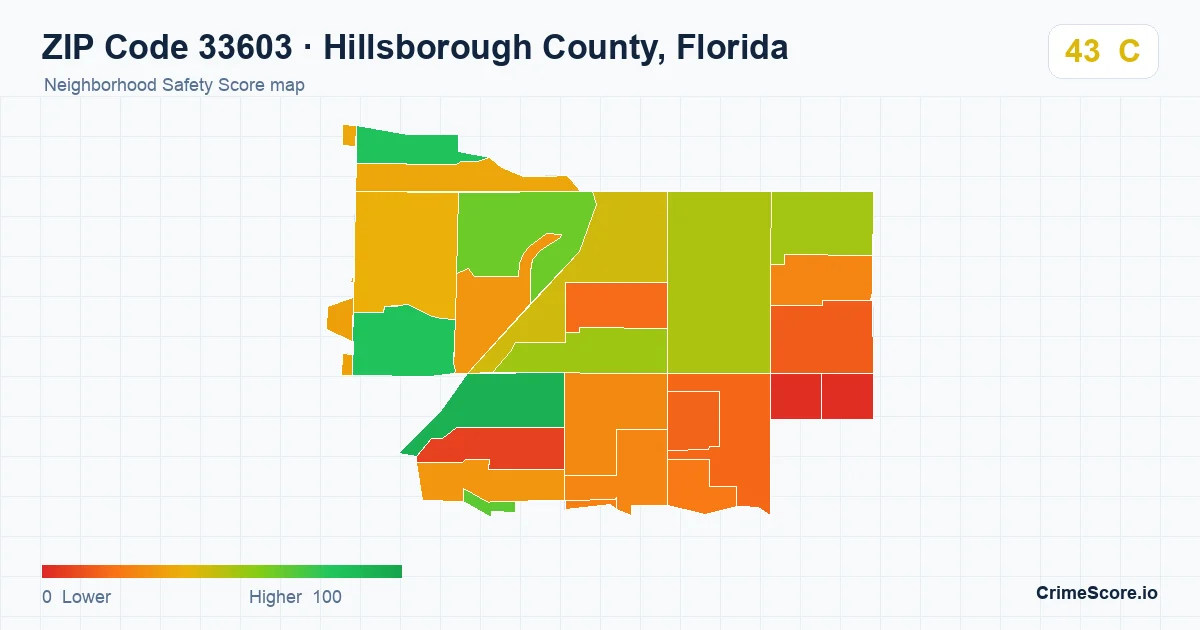ZIP Code 33603 in Hillsborough County, Florida neighborhood Safety Score map