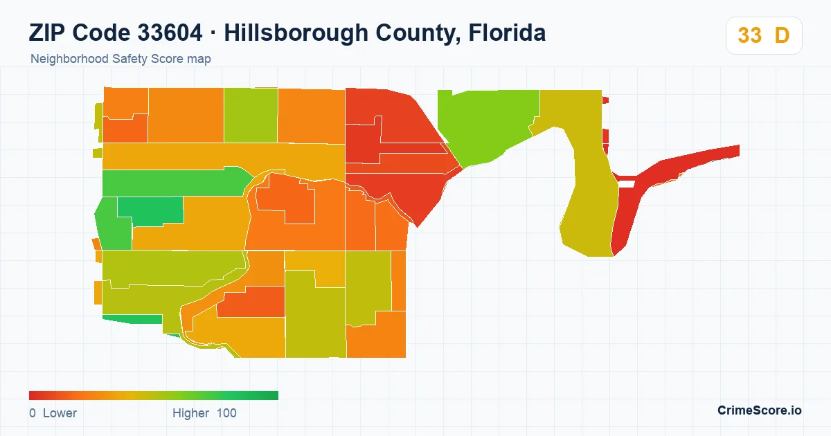 ZIP Code 33604 in Hillsborough County, Florida neighborhood Safety Score map
