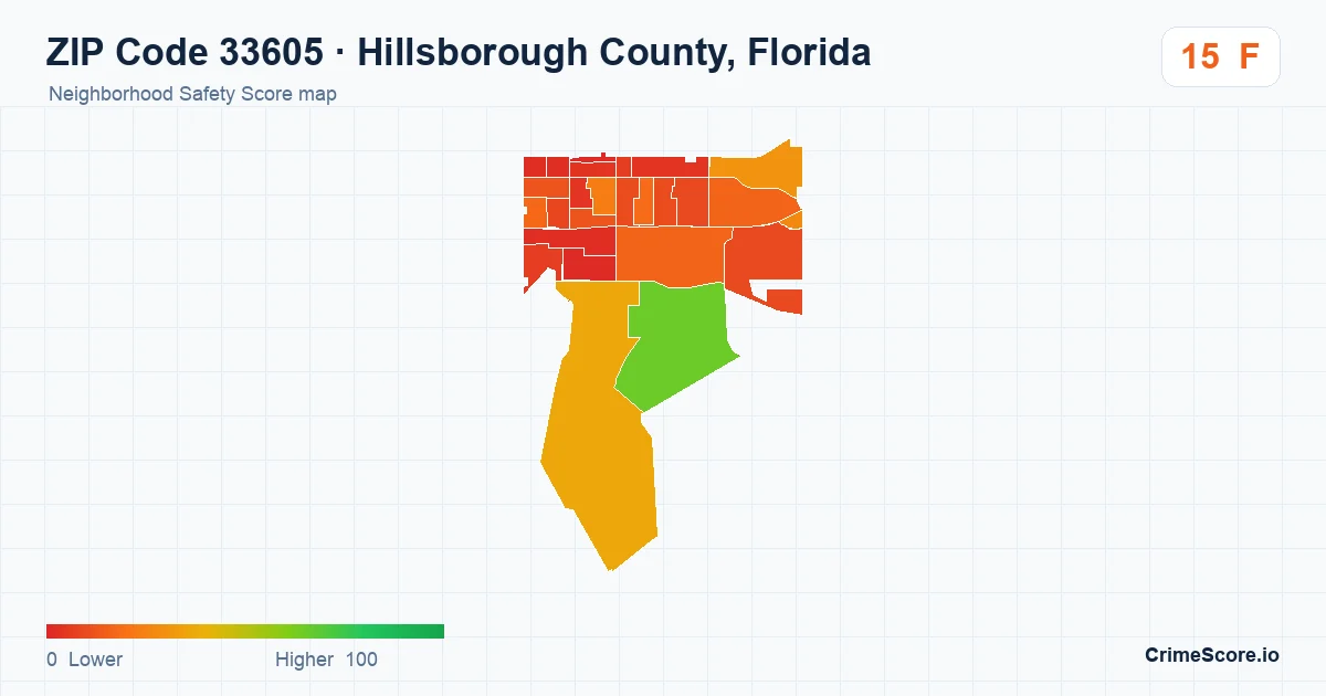 ZIP Code 33605 in Hillsborough County, Florida neighborhood Safety Score map
