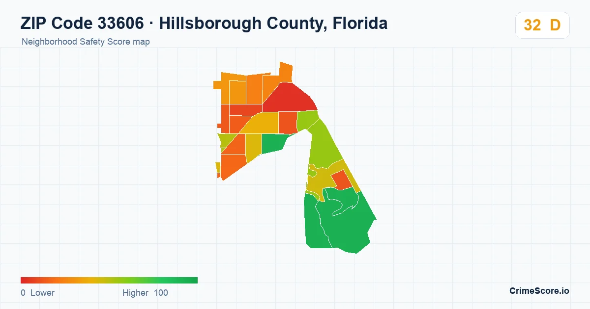 ZIP Code 33606 in Hillsborough County, Florida neighborhood Safety Score map