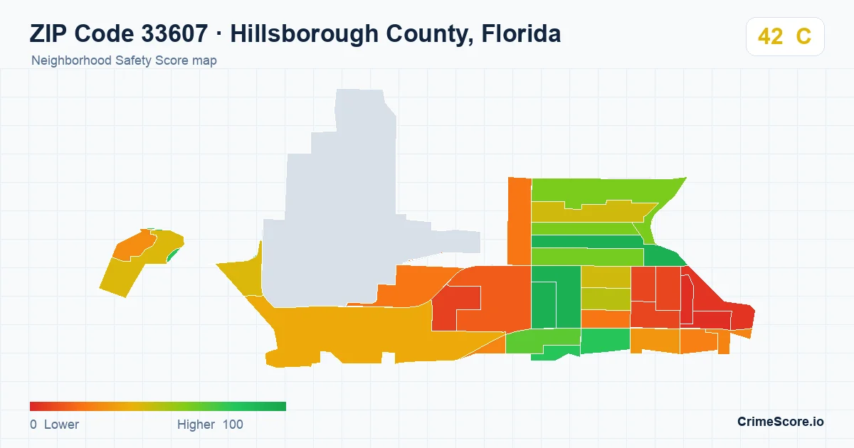 ZIP Code 33607 in Hillsborough County, Florida neighborhood Safety Score map