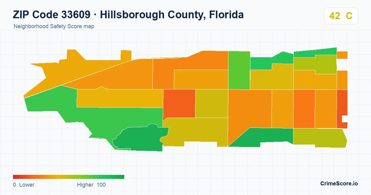 ZIP Code 33609 in Hillsborough County, Florida neighborhood Safety Score map
