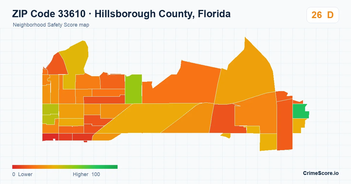 ZIP Code 33610 in Hillsborough County, Florida neighborhood Safety Score map