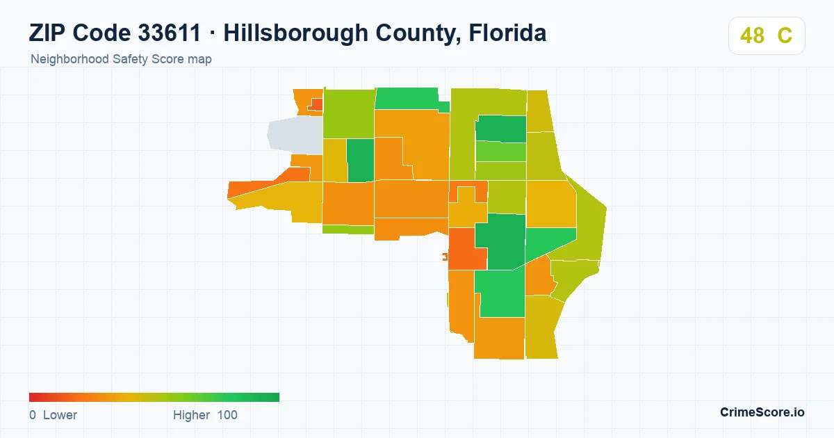 ZIP Code 33611 in Hillsborough County, Florida neighborhood Safety Score map