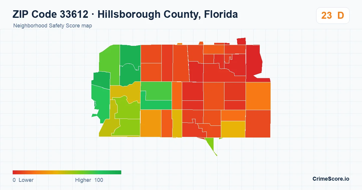 ZIP Code 33612 in Hillsborough County, Florida neighborhood Safety Score map