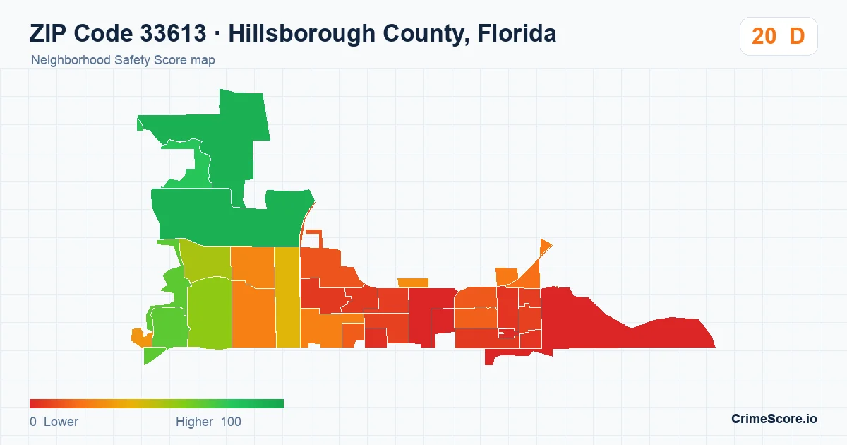 ZIP Code 33613 in Hillsborough County, Florida neighborhood Safety Score map