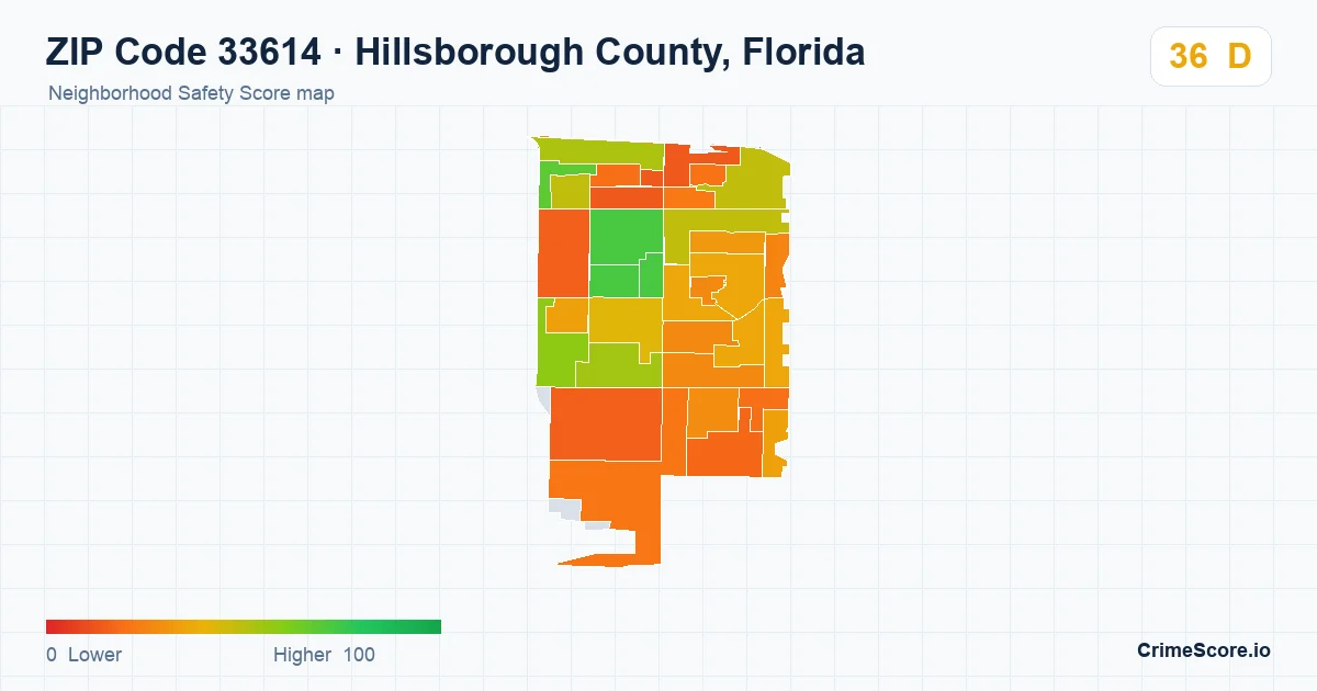 ZIP Code 33614 in Hillsborough County, Florida neighborhood Safety Score map