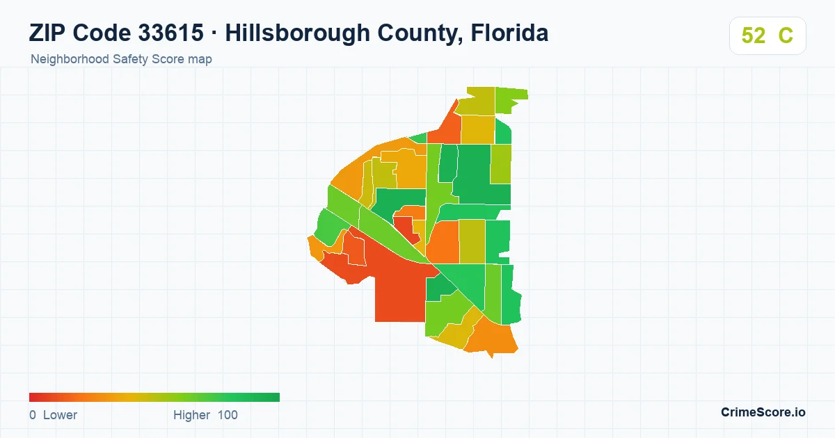 ZIP Code 33615 in Hillsborough County, Florida neighborhood Safety Score map